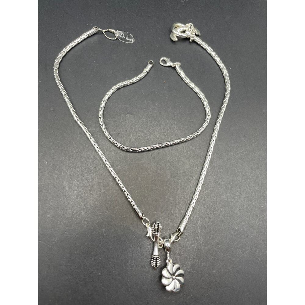 Vtg Da Vinci Signed Silver Tone Flower Pendant Necklace Bracelet Set Lot of 2